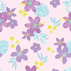 seamless tropical hibiscus flower floral vector repeat pattern background. pretty cute girly summer pattern for girls teens and ladies fashion and swimwear in purples , creams and aqua