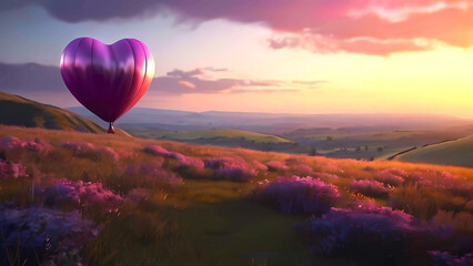 Purple hot air balloon at sunset against lovely landscape of lavender field, gorgeous meadow. Heart-shaped balloon, digital illustration of spring, summer nature, beautiful sky