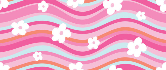 Groovy wavy stripe and daisy flowers seamless pattern. Psychedelic seamless vector. Hippie retro style for print and fabrics. Pretty pink colours. Used for fashion swimwear gifting teens and girls