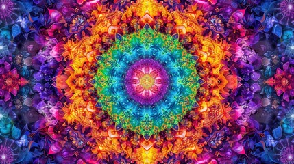 Digital art presenting a mesmerizing psychedelic mandala with intricate patterns and a kaleidoscope of vibrant colors.
 - obrazy, fototapety, plakaty