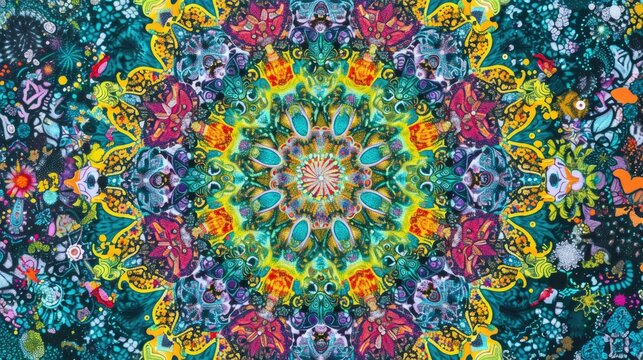 Digital art presenting a mesmerizing psychedelic mandala with intricate patterns and a kaleidoscope of vibrant colors.	