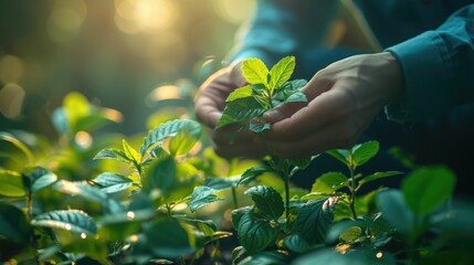 A close-up view of a farmer's hands carefully nurturing young tea leaves in the glowing morning light. 