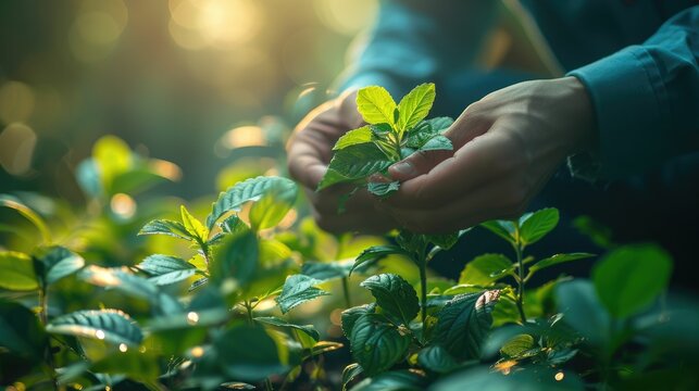 A close-up view of a farmer's hands carefully nurturing young tea leaves in the glowing morning light.
