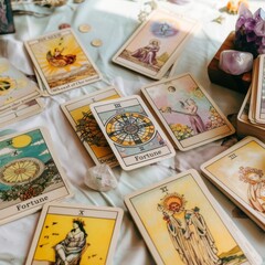 Elegantly displayed tarot cards bask in natural light, arranged meticulously on a pristine surface
