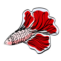 Siamese fighting fish. Betta splendens in the style of one line. A fish with a red bushy tail on a white background. Vector stock illustration, isolated, linear.