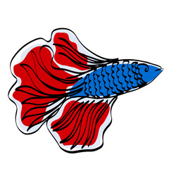 A blue fish with a red bushy tail on a white background. Siamese fighting fish, betta splendens in the style of one line. Dweller of reefs, swimming in the ocean, aquarium fish. Vector stock illustrat