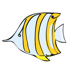 Spotfin butterflyfish in the style of one line. Blue fish with a yellow stripe on a white background. Dweller of reefs, swimming in the ocean. Vector stock illustration for children's books, isolated.