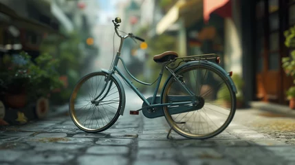 Poster Vintage Bicycle Parked on Cobblestone Street in Quaint Town © Viktorikus