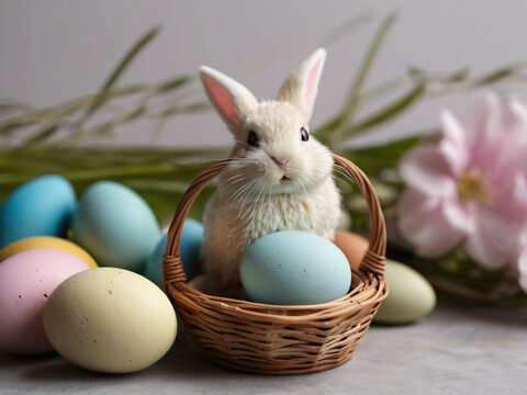 Tiny white easter bunny in wicker basket with painted easter eggs nearby. Pink flowers on light grey background. Easter preparations, pstel coloured eggs lying on the table 