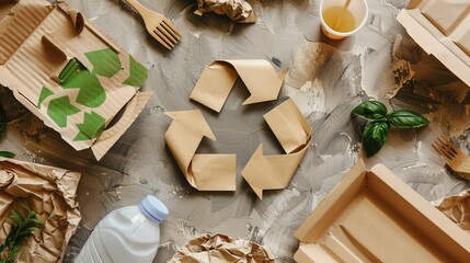Eco friendly disposable tableware on craft paper with a recycling sign in the center, 16:9