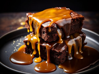Chocolate brownies with caramel sauce on a plate. Toned.