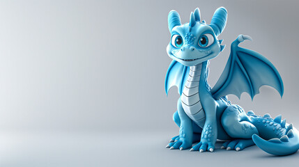 Fototapeta premium Blue cute dragon smiling on a grey background
