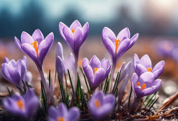 Natural autumn background with delicate lilac crocus flowers and blurred background