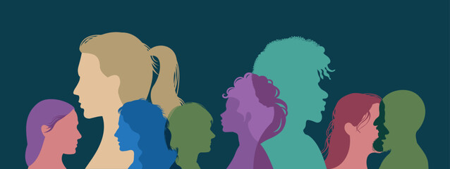 Silhouette of a group of multiethnic people. Racial equality in a multicultural society. Anti-racism concept. Profile silhouettes of different people