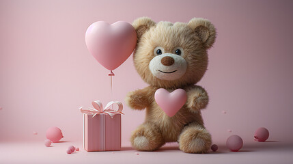 Teddy bear holding a pink heart, next to a heart-shaped balloon and gift box. This image is perfect for: valentine’s day, love, gifts, celebrations, affection. - obrazy, fototapety, plakaty