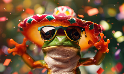 cheerful green frog donning sunglasses and a festive mexican hat surrounded by a shower of confetti - obrazy, fototapety, plakaty