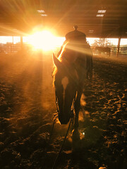 Horse under saddle inside indoor arena on ranch for horseback riding training.