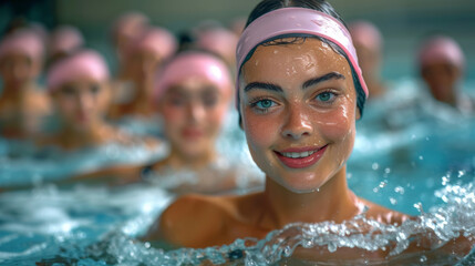 A smiling young swimmer with her teammates in the pool. The concept of promoting a healthy lifestyle and activity among young people