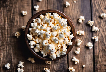 Salt popcorn on the wooden table selective focus top view Ready for movie night in rustic village