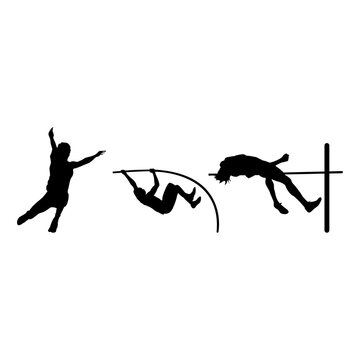 The silhouette of men engaged in track and field athletics portrays the dynamic energy and athleticism of sprinting, jumping, and throwing events, encapsulating the spirit of competition and athletic