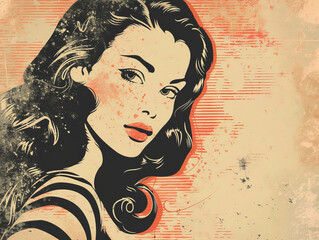 Beautiful art illustration of the portrait of a girl in American retro style of the 60s, typography art, poster