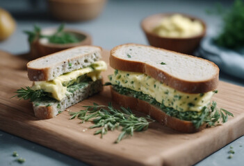 Tasty sandwiches with herbs butter on cutting board