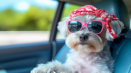 Fashionable dog in pink sunglasses and red bandana sitting in a car, looking cool.