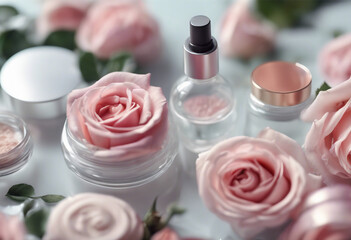 Obraz na płótnie Canvas Set of natural cosmetics from roses Beauty and skin care concept Rose extracts are widely appreciated in cosmetics. They are used in products for sensitive skin, dry skin, mature skin and damaged skin