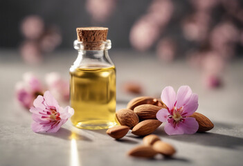 Obraz na płótnie Canvas Small bottle of almond oil almonds and flowers