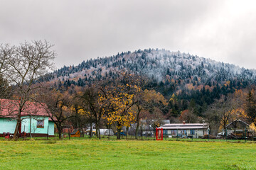 Jesienny górski krajobraz z oszronionymi drzewami