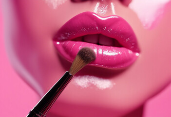 Smears of shining lip gloss and lip gloss brush on pink background hard shadows Pink lipstick on the lips