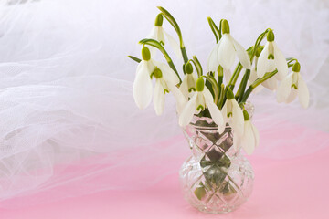 Pink spring card-tiny white snowdrop flowers bouquet on glass vase. Easter flowers, women's day, 8 march, Mother's day, spring template with place for text