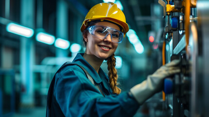 smiling female worker in modern industrial environment working