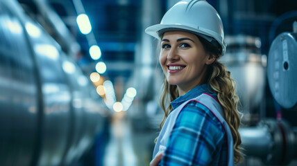 smiling female worker in modern industrial environment working