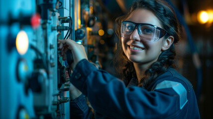 smiling female worker in modern industrial environment working
