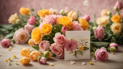Fototapeta premium A bouquet of flowers and a card dedicated to International Women's Day. Concept March 8th.