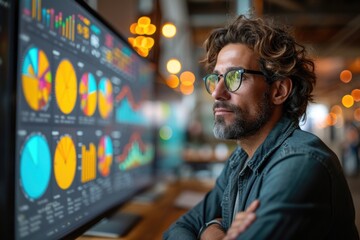 Data analyst scrutinizing graphs on a large screen