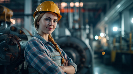 smiling female worker in modern industrial environment working