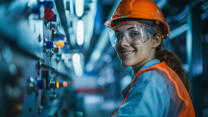 smiling female worker in modern industrial environment working