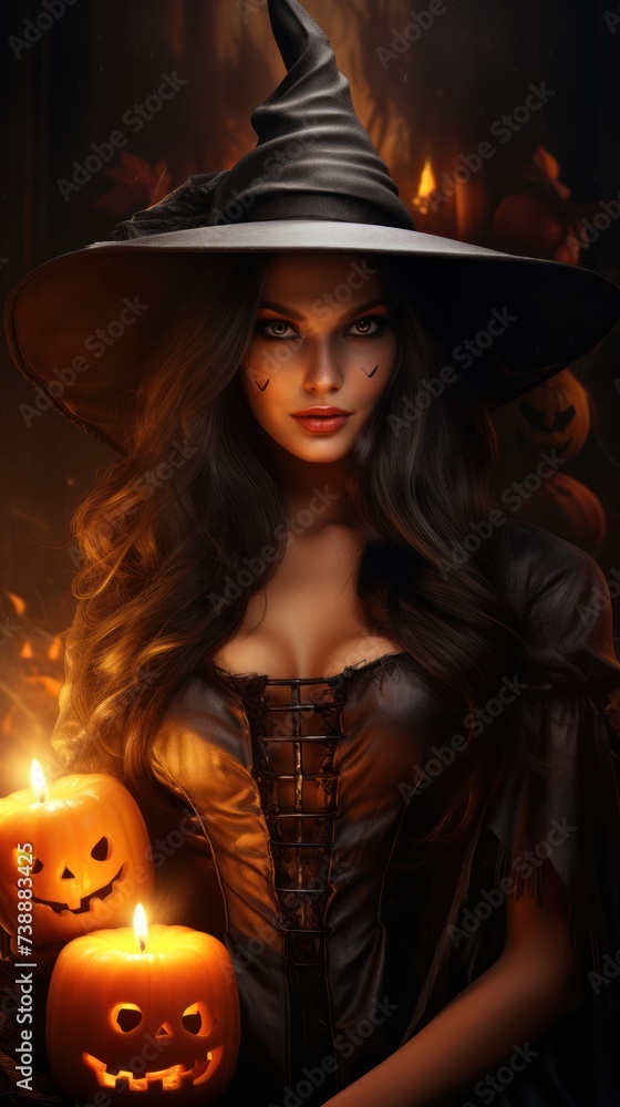 Wall mural Mysterious lady in black attire, a bewitching portrait of a witch on a spellbinding Halloween eve.