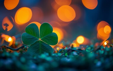 A four leaf clover is seen standing out in the middle of a field, surrounded by green grass and wildflowers. The unique clover is a rare find, symbolizing good luck and fortune