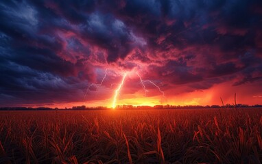 A field with a lightning bolt striking through the center, showcasing the powerful forces of nature in action. The bolt stands out starkly against the open landscape, creating a striking visual contra - obrazy, fototapety, plakaty
