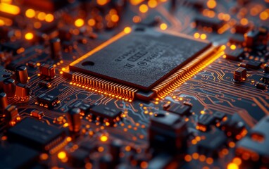 This close-up photo captures the intricate details of an electronic circuit board, showcasing the various components and pathways. The board is a crucial part of electronic devices, facilitating the f