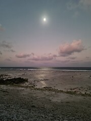 View of the beach in the Maldives in very bright moonlight on an almost cloudless night.