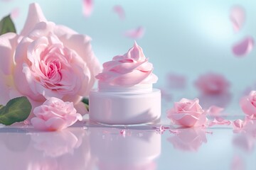 a cream in a jar next to pink flowers