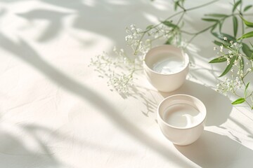 Obraz na płótnie Canvas two cups of cream and flowers