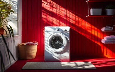 A washer machine is positioned in front of a window, next to a healthy potted plant, adding a touch of greenery to the indoor space - obrazy, fototapety, plakaty