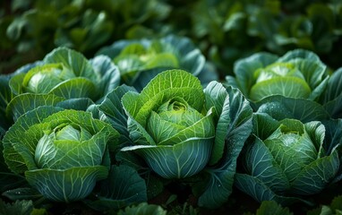 Fototapeta premium A group of green cabbages growing healthily in a well-tended garden under the sunlight, showing various stages of growth and vibrant shades of green