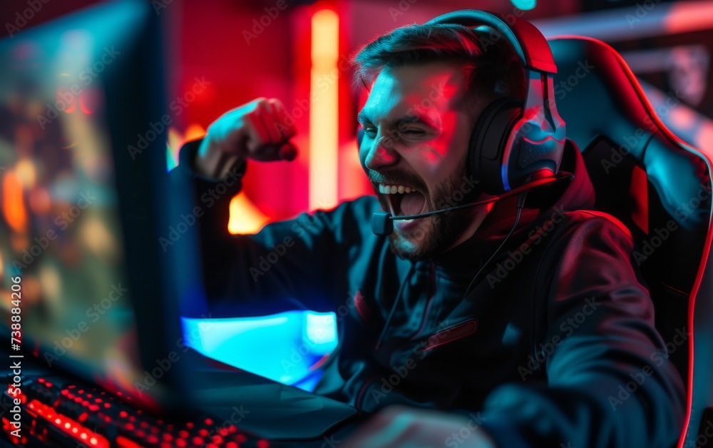 Poster a multiracial man wearing headphones is focused on his computer screen, typing and clicking. the man