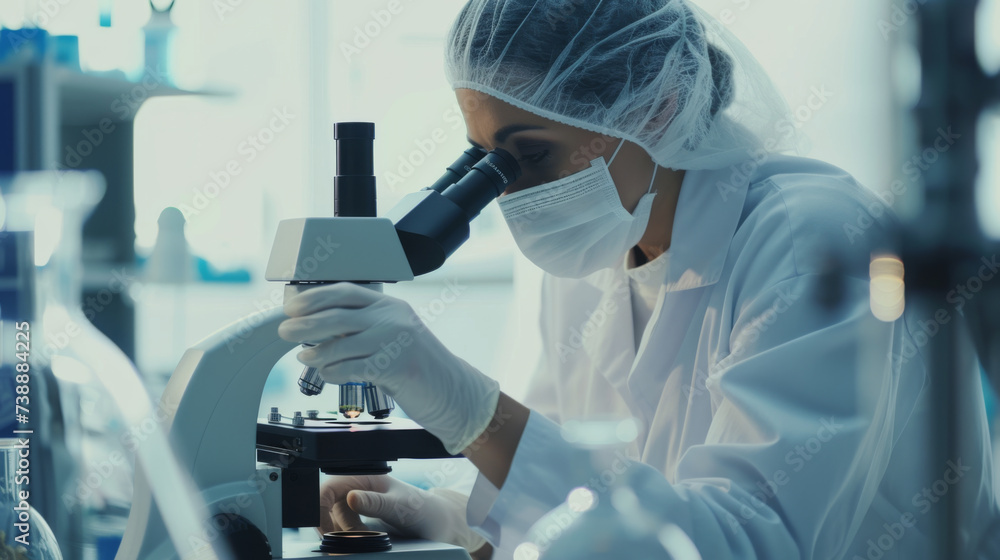 Poster scientist using a microscope in a laboratory setting, likely conducting research or analysis.